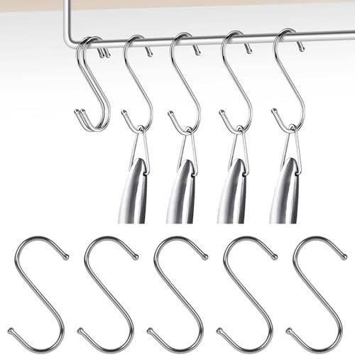 10 Pcs S Hooks, 7.3 cm S Shaped Hook,Multi Purpose Stainless Steel Heavy Duty Utensil Pan Metal S Hook for Hanging at Kitchen Bathroom Bedroom Living Room and Office