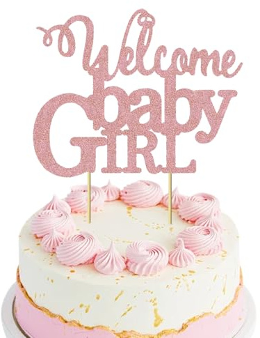 VGRDTW 1 Pack Baby Girl Cake Topper, Gender Reveal Cake Decoration, Glitter Pink Baby Shower Cake Picks, Welcome Baby Girl, Photo Booth Props, Party Supplies for Newborn Celebrations