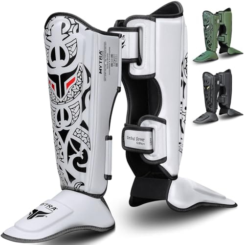 Boxing Parastinchi Uomo e Donna — Protezione in Schiuma EVA con Cinghie Regolabili e Fasce Elastiche per i Piedi | Kickboxing, Muay Thai & Allenamento MMA Parastinchi (Bianco, L/XL)