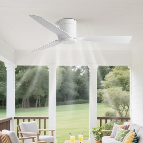 IBalody Flush Mount Ceiling Fans With Remote Control 52 Inch Low Profile Ceiling Fan Without Lights Outdoor Indoor 6 Speed Reversible Quiet Ceiling Fans No Light For Patios Living Room Bedroom