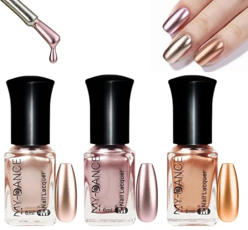 3PC Chrome Nail Polish Set, Metallic Nail Polish with 3 Shades Gold Rose Orange Chrome Nail Varnish Set, Matt Nude Color Glossy Mirror Nail Polish for Women Daily DIY Manicure, Long Lasting