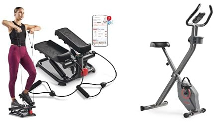 Sunny Health and Fitness Total Body Smart 2-in-1 Stepper Machine, Total Body Workout, Adjustable + Smart Folding X-Bike, Portable Compact for Indoor Cycling Workout, 14-Level Magnetic Resistance