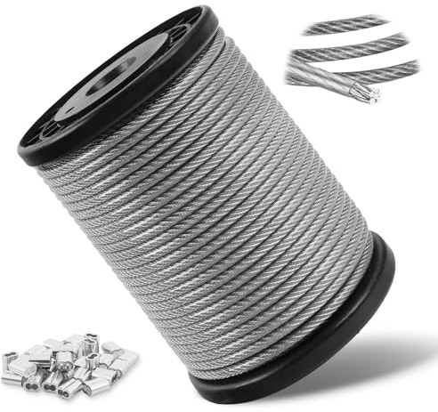 4 mm stålvajer, hölje, 30 m rostfritt stål stålrep med transparent PVC-beläggning och 30 presshylsor för klätterväxter, ljuskedjor, gardiner, staket, tvättlina