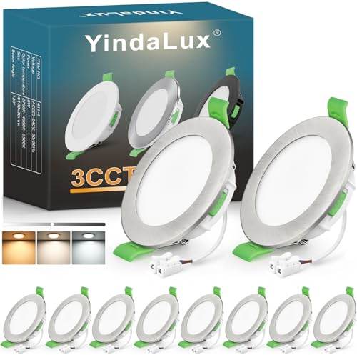 YindaLux 10 x LED infälld spotlight, 230 V, dimbar, 8 W, IP44, nickel, hål 75-90 mm