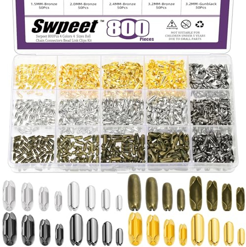 Swpeet 800Pcs 4 Colors 4 Sizes Ball Chain Connector Assortment Kit Fits for 1.5/2/2.4/3.2mm Beaded Ball Chain, Blind Chains Connector Clasps, Beaded Balls Chains Clips for DIY Crafts