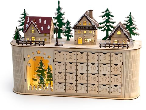 LED Holz-Adventskalender-Bastelset, 44x30x12,5 cm, Warmweiße Beleuchtung, Naturholz mit Tannen, 24 Türchen, Batteriebetrieben, Traditionelles Design für Fensterbank und Tisch