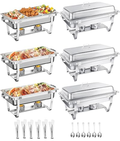 WENMILY Skavningsfat Bufféset 9L, 6 Set Rostfria Varmhållningsfat (Livsmedelsgrad), Lättmonterat & Hopfällbart Ställ, Matvärmare för Fest, Bröllop, Bankett & Buffé (1/3, 1/2 & 1/1 GN)