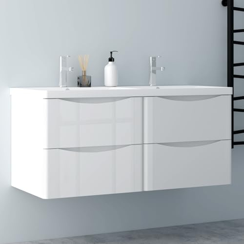Biubiubath Hochglanz Weiß Badezimmerschrank 120cm Mineralgusswaschbecken mit Unterschrank Badmöbel-Set 2 Soft-Close Schubladen Hängend