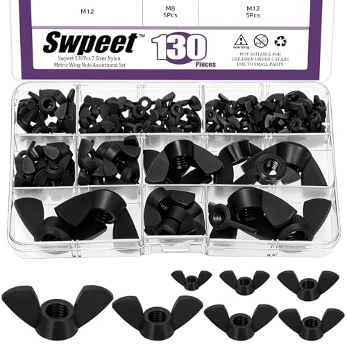 Swpeet 130Pcs 7Sizes M3 M4 M5 M6 M8 M10 M12 Metric Black Nylon Wing Nuts Kit de surtido de tuercas de mariposa, torsión de mano apriete tuercas de fijación de plástico de la tuerca de la mariposa