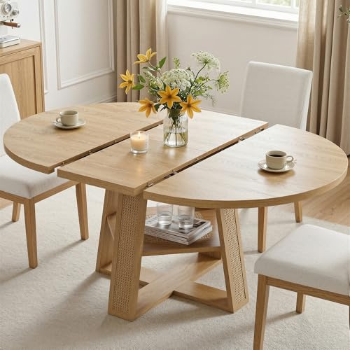 LIKIMIO 43-59 Extendable Round Dining Table for 4-8, Transformer Oval Dining Room Table with Removable Leaves Space Saving, Wood Base Modern Kitchen Table with Storage Shelf for Living Room, Natural
