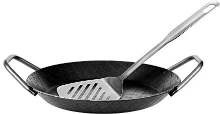 GRÄWE Schmiedeeiserne Servierpfanne F 400, Ø 24 cm, Eisenpfanne mit Griffen, 400° C hitzebeständig, Pfanne aus Eisen, kratzfeste Bratpfanne, unbeschichtet, induktionsgeeignet, mit Wender