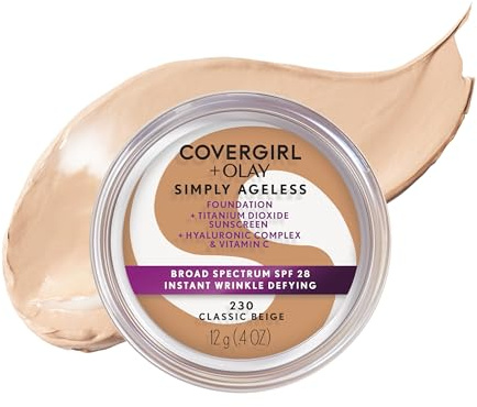 COVERGIRL Simply Ageless Instant Wrinkle Defying Foundation, SPF 28, Hyaluronic Complex & Vitamin C - 230 Classic Beige, Pack of 1