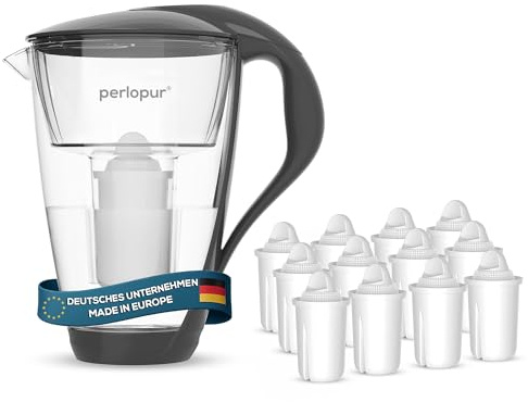 perlopur® Glas-Wasserfilter (anthrazit) +12 Filterkartuschen Universal | Borosilikatglas, 2 l gesamt, 1 l gefiltert, LED-Anzeige, für classic Kartuschen, reduziert Kalk, Chlor & andere Schadstoffe