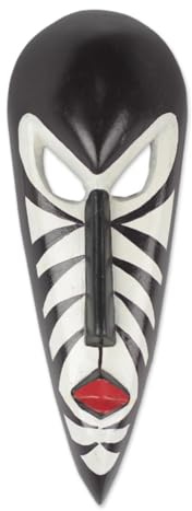 NOVICA Hand Carved Wood Mask, Black And White, 'Love Stripes'