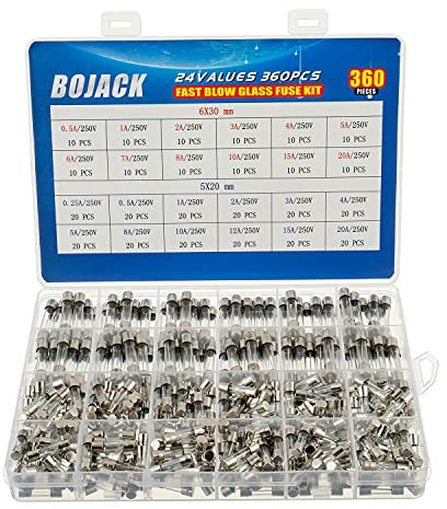 BOJACK 24 Values 360 pcs Fast-Blow Glass Fuse Assortment Kit 5x20mm 250V 0.25 0.5 1 2 3 4 5 8 10 12 15 20A 6x30mm 250V 0.5 1 2 3 4 5 6 7 8 10 15 20A packag in a Clear Plastic Box