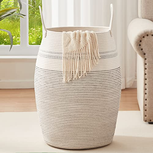 OIAHOMY Laundry Hamper Woven Cotton Rope Large Clothes Hamper 25.6 Height Tall Laundry Basket with Extended Cotton Handles for Storage Clothes Toys in Bedroom, Bathroom, Foldable (Light Grey)