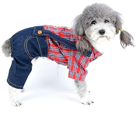 Zunea Hundebekleidung für kleine Hunde Denim Einteiler Sommer Weiche Baumwolle Kariert Shirt mit Sanfter Schleife Overall Haustier Kleidung mit Beinen für Chihuahua Puppia Rot L