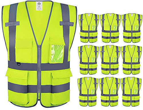 Dazonity High Visibility Safety Vest with Multi Pockets and Zipper, 10 Packs,Reflective Strips, Fit for Men & Women, Work, Construction,Cycling, Runnning, Surveyor, Volunteer (Yellow-XL)