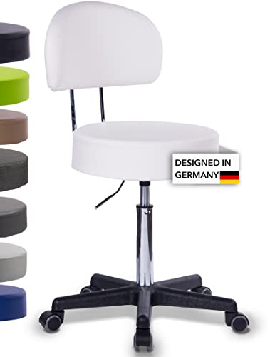 1stuff Rollhocker Squash 40 BIGBACK, Höhe 51-71cm, 40cm breit (Weiß) | 1stuff-Qualität - Robuster Studiohocker mit Lehne BIGBACK, Drehhocker 360°, Bürohocker, PU-Rollen, Service aus DE