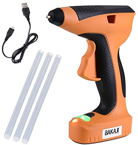 Bakaji Pistola Incollatrice per Colla a Caldo Elettrica 10W Termocollante Riscladamento Rapido a Batteria 3,7V Ricarica USB con Manico Ergonomico Luce da Lavoro LED e 3 Stick Inclusi