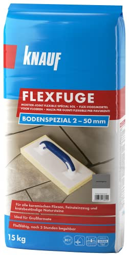 Knauf Flexfuge Bodenspezial Zementgrau 15 kg, zum Verfugen von allen keramischen Fliesen und kratzbeständigen Natursteinen im Innen- & Außenbereich, ideal bei unregelmäßigen Fugen, selbstverlaufend