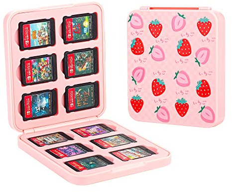 FANPL Game Case Holder for Nintendo Switch/OLED/Lite,12 Game Card and 12 Micro SD Card Slots Portable Storage Case for Switch, Cute Switch Cartridge Box with Hard Shell & Soft Liner-Pink Strawberry