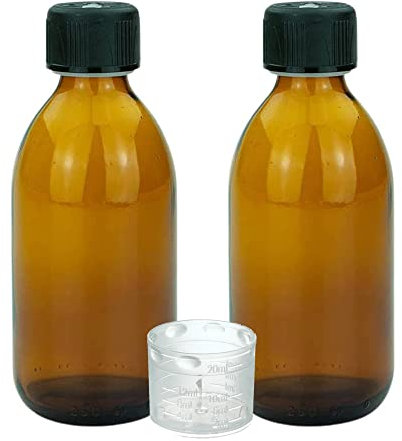 Devitre 2 braune Glasflaschen 250 ml mit Deckel Messbecher und Beschriftungsetiketten