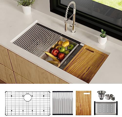 36 Inch Workstation Kitchen Sink, TECASA Undermount Deep Single Bowl, 16 Gauge Stainless Steel with Integrated Ledge and Accessories, World-Class Manufacturing Standard (18 x 36 x 10)