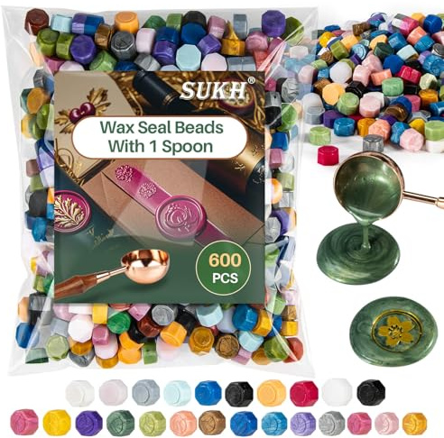 Sukh 600PCS Wax Seal Beads - Sealing Wax Beads for Stamp Seals Letter Melts Kit for Stamps Melting for Sealing Envelopes Wedding Invitation Gift Cards Multi Colors with 1 Spoon