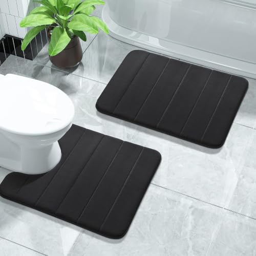 Yimobra Memory Foam Badematte-Set, 2-teilige weiche Badezimmermatten, 43x61 cm und 61x52 cm U-förmige Badezimmermatten, Toilettenmatte, Wasserabsorption, rutschfest, dick, Schwarz