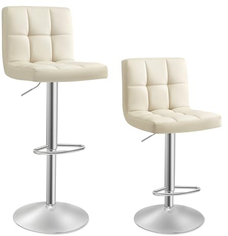 SONGMICS Juego de 2 Taburetes de Bar, Silla Alta, Altura Regulable con Funda de PU, Giratorio con Respaldo y Reposapiés, Comedor, Mostrador, Acero Cromado, Beige Arena LJB064K03