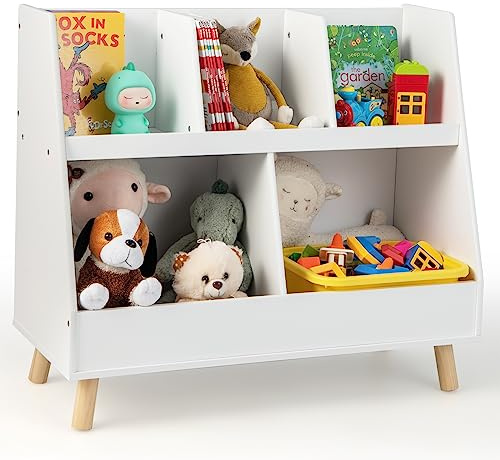 Maxmass Kids Toy Organizer, 5-Cube Children Bookcase with Solid Wood Legs, Open Shelves and Anti-tipping Device, Wooden Toddlers Storage Unit for Study, Playroom, Bedroom, Kindergarten (White)