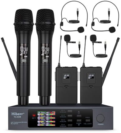Hiberr Wireless Microphone System, 4 Channels Adjustable UHF Wireless Microphone Metal Shell Vocal Wireless Mic for Church, Party, Singing, SpeechYU-E40HB Cordless Microphone