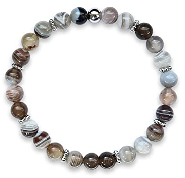 Botswana Achat Armband Perlen echt 6mm Daisyperlen platiniert - Größe 15 bis 17cm - Handmade Perlenarmband Optimismus Zuversicht Willenskraft - Spiritueller Schmuck Damen