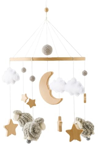 Herfair Mobile Baby Bettglocke mit Sterne Mond Schafe Hölz Mädchen Hängende Mobile Windspiel für Babybett Kinderbett (Schafe Grau)