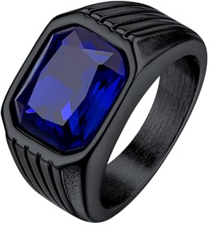 Bestyle Herren-Ring Mit Stein - Retro 10 * 12mm Quadrat Schliff Edelstein Blauer Saphir Band für Männer, Gothic Siegelring, Schwarz, Größe 57