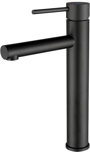 VALAZ Rubinetto Bagno Lavabo Alto Nero Opaco | Apertura a Freddo, Miscelatore Lavabo Bagno Acqua Fredda e Calda, Risparmio Acqua | Installazione Facile | Ottone, Inossidabile, Elegante, Serie Nansa