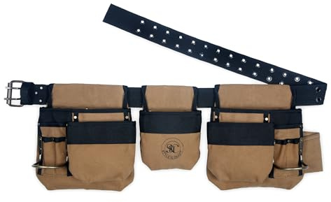 Style n Craft - 4 Piece 12 Pocket Carpenter's Tool Belt Combo, Heavy-Duty Waterproof Canvas Tool Belt Combo, Brown (97425)