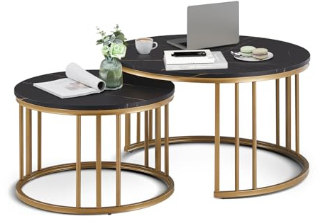 TUKAILAI Stapelbarer Couchtisch 2er Set, Rund Tisch mit Marmor-Optik in Schwarz/Gold, Flexibel als Beistelltisch oder Kaffeetisch, Ø70x70x45cm & Ø50 x 50 x 38 cm, Modern für Wohnzimmer