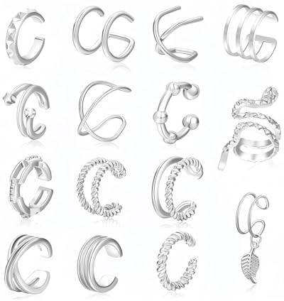 ZAMXHUG Pendientes sin Agujero Mujer - 15 pcs Set Falsos Sin Agujero Ear Cuff Plata De Oreja Cartilago Hélice Envolventes Pendientes de Oreja Ajustables para Mujeres