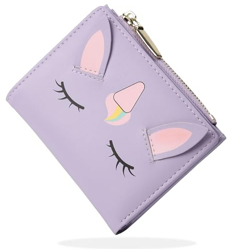 SNCCJ Süß Portemonnaie Damen, Bifold Leder Klein Geldbörse Damen mit RFID Schutz, Geldbeutel Mädchen mit Reißverschluss Münzbeutel (Einhorn Lila)