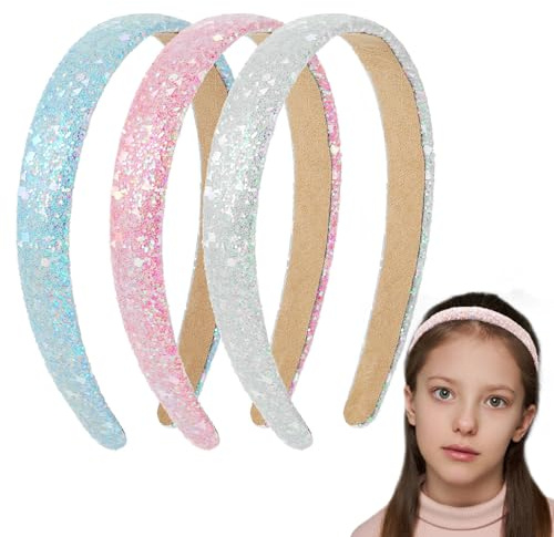 Cosmeria 3 Pcs Glitter Sequins Mädchen Haarreifen, Rutschfeste Glitzer Haarbänder, Haarreif für Kinder und Mädchen, Funkelnde Haar-Accessoires (Weiß+Pink+Blau)