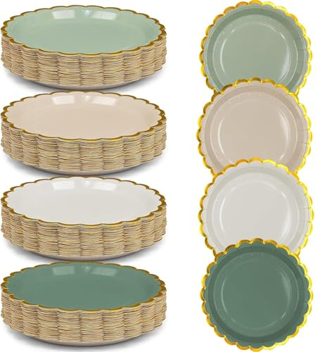 200 Pcs Sage Green Gold Disposable Paper Plates, Premium Quality Scalloped Party Plate Gradient Green Serving Plates Bulk for Birthday Garden Party Afternoon Tea Baby Shower Wedding, 17.5cm