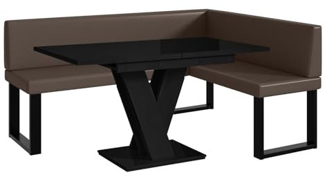 MEBLINI Eckbank für Esszimmer mit ausziehbarem Tisch - Küchenbank - Essecke - Sitzecke Küche - ERIC - U-Beine 128x168x87cm Rechts - Braun Kunstleder/M Schwarz Hochgl.