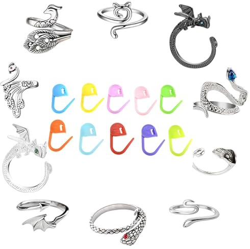 Virkad ring för finger, 10 x djurdesign justerbara garnstyrringar, zinklegering virkningsringmarkör, stickning fingerring för virkning, stickprojekt och hantverk