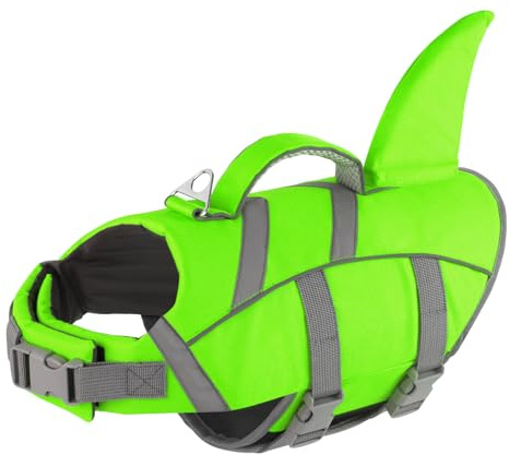 Doglay - Giubbotto di salvataggio per cani di piccola taglia, con manico di salvataggio e strisce riflettenti e pinna di squalo, giubbotto salvagente per cani di piccola taglia