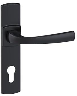 Vachette Set de Poignée de Porte sur Plaque MUZE - Version Clé I, Porte d'Entrée, Bureau, Garage - Entraxe 195 mm - Système de Pose Facile - Zamak Résistant - Finition Onyx Noir