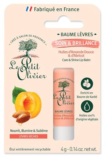 LE PETIT OLIVIER - Baume Lèvres Soin & Brillance - Huile d'Amande Douce et Abricot - Nourrit, Illumine & Sublime - Lèvres Sèches - Huiles 100% Végétales & Beurre de Karité - Fabriqué en France - 4 g