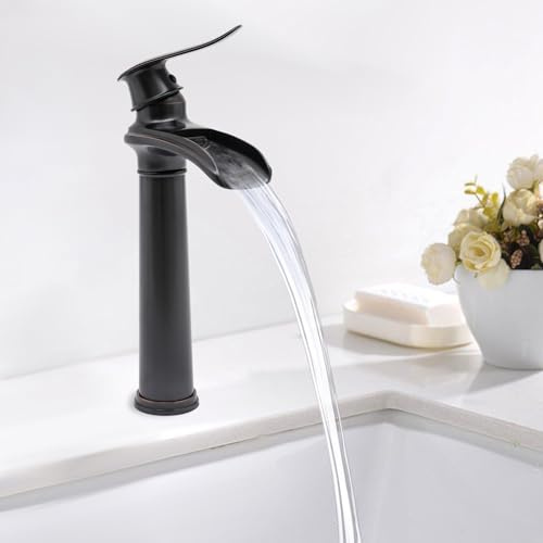 Antikmessing Wasserfall Badezimmer Wasserhahn Hohe Retro Messing Waschbecken Wasserhähne Badezimmer Wasserhahn mit Einzelhebel Waschbecken Armaturen Messing Badarmatur Mischbatterie (Schwarz)