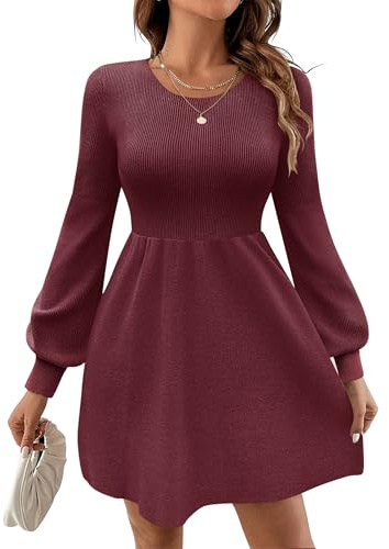 Zeagoo Abito Maglia Donna Girocollo Maniche Lunghe Elegante Vestito in Maglia con Maniche a Palloncino Vita Alta Linea A Minidress Rosso XL